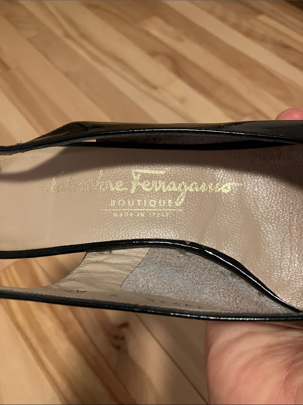 Salvatore Ferragamo Black Patent Slingback Peep-toe Pumps with Gold Buckle - Picture 2 of 15